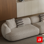 Elegant modern minimalist living room interior showcasing an asymmetric curved sofa upholstered in textured beige bouclé fabric featuring speckled details and stylish striped accent pillows by Bahoo Furniture UAE