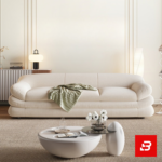 Warm sunlit modern minimalist living room interior showcasing a luxury layered sofa upholstered in textured off white bouclé fabric featuring distinctive multi-tiered horizontal cushioning and soft throw blanket by Bahoo Furniture UAE
