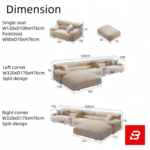 Modern minimalist luxury living room interior showcasing a spacious chaise sectional sofa upholstered in textured beige bouclé fabric featuring an extended lounge chaise and chic accent cushions by Bahoo Furniture UAE