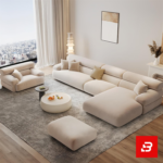 Modern minimalist luxury living room interior showcasing a spacious chaise sectional sofa upholstered in textured beige bouclé fabric featuring an extended lounge chaise and chic accent cushions by Bahoo Furniture UAE
