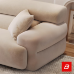 Modern minimalist luxury living room interior showcasing a spacious chaise sectional sofa upholstered in textured beige bouclé fabric featuring an extended lounge chaise and chic accent cushions by Bahoo Furniture UAE