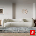 Elegant modern minimalist living room interior showcasing a sweeping curved sofa upholstered in textured off white bouclé fabric featuring clean rounded contours and a matching freestanding ottoman by Bahoo Furniture UAE