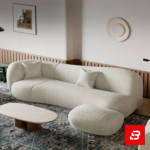 Elegant modern minimalist living room interior showcasing a sweeping curved sofa upholstered in textured off white bouclé fabric featuring clean rounded contours and a matching freestanding ottoman by Bahoo Furniture UAE