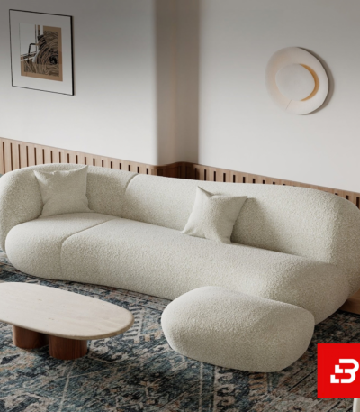 Elegant modern minimalist living room interior showcasing a sweeping curved sofa upholstered in textured off white bouclé fabric featuring clean rounded contours and a matching freestanding ottoman by Bahoo Furniture UAE