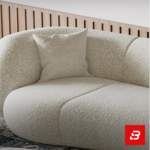 Elegant modern minimalist living room interior showcasing a sweeping curved sofa upholstered in textured off white bouclé fabric featuring clean rounded contours and a matching freestanding ottoman by Bahoo Furniture UAE