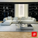 Sophisticated modern luxury showroom living room interior showcasing an expansive modular sectional sofa upholstered in textured off white bouclé fabric featuring deep tufted seats, built-in side tables, and chic decorative pillows by Bahoo Furniture UAE