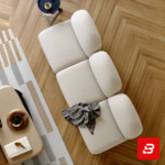 Elegant modern minimalist living room interior showcasing a modular bubble sofa upholstered in textured off white bouclé fabric featuring rounded organic backrests and a dark throw blanket by Bahoo Furniture UAE