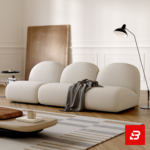 Elegant modern minimalist living room interior showcasing a modular bubble sofa upholstered in textured off white bouclé fabric featuring rounded organic backrests and a dark throw blanket by Bahoo Furniture UAE