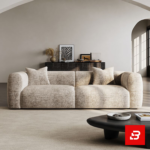 Sunlit luxury living room interior showcasing a spacious deep-seat sofa upholstered in textured warm gray bouclé fabric featuring wide track arms, plush back cushions, and accent pillows by Bahoo Furniture UAE