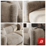Sunlit luxury living room interior showcasing a spacious deep-seat sofa upholstered in textured warm gray bouclé fabric featuring wide track arms, plush back cushions, and accent pillows by Bahoo Furniture UAE
