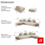Bright modern minimalist living room interior showcasing an L-shaped modular sectional sofa upholstered in textured off white bouclé fabric featuring distinct half-moon backrests and accent pillows by Bahoo Furniture UAE