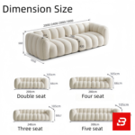 Sunlit modern minimalist living room interior showcasing a luxury ribbed sofa upholstered in textured off white bouclé fabric featuring distinct vertical channel tufting and continuous curved lines by Bahoo Furniture UAE