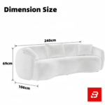 Sunlit modern minimalist living room interior showcasing a luxury curved sofa upholstered in textured off white bouclé fabric featuring sweeping rounded armrests and matching throw pillows by Bahoo Furniture UAE
