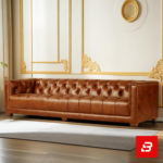 Classic elegant living room interior showcasing a luxury chesterfield sofa upholstered in rich beige leather fabric featuring deep button tufting and rolled arms by Bahoo Furniture UAE