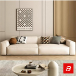 Modern minimalist living room interior showcasing a sleek contemporary sofa upholstered in rich beige leather fabric featuring wide armrests and stylish patterned throw pillows by Bahoo Furniture UAE