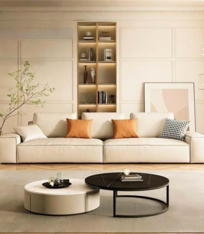 Modern minimalist living room interior showcasing a sleek contemporary sofa upholstered in rich beige leather fabric featuring wide armrests and stylish patterned throw pillows by Bahoo Furniture UAE