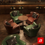 Sophisticated lounge interior showcasing luxury accent armchairs upholstered in rich leather surrounding a central wooden table by Bahoo Furniture UAE