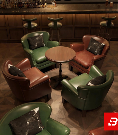 Sophisticated lounge interior showcasing luxury accent armchairs upholstered in rich leather surrounding a central wooden table by Bahoo Furniture UAE