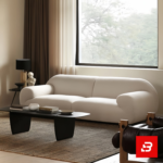 Bright modern minimalist living room interior showcasing a luxury curved sofa upholstered in textured off white bouclé fabric featuring sweeping rounded armrests and sleek dark wood coffee table by Bahoo Furniture UAE