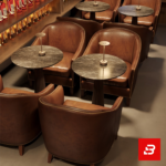 Upscale ambient lounge interior showcasing luxury round club armchairs upholstered in rich beige leather surrounding small round tables by Bahoo Furniture UAE