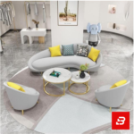 Modern upscale living room interior showcasing a luxury curved sofa upholstered in warm gray bouclé fabric featuring organic sweeping lines and matching round club armchairs by Bahoo Furniture UAE