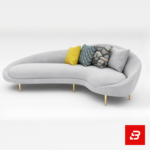 Modern upscale living room interior showcasing a luxury curved sofa upholstered in warm gray bouclé fabric featuring organic sweeping lines and matching round club armchairs by Bahoo Furniture UAE