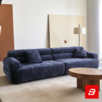 Modern minimalist living room interior showcasing a luxury modular sofa upholstered in deep warm gray bouclé fabric featuring low-profile cushions and matching wooden coffee tables by Bahoo Furniture UAE