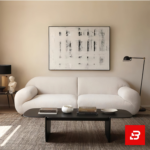Bright modern minimalist living room interior showcasing a luxury curved sofa upholstered in textured off white bouclé fabric featuring sweeping rounded armrests and sleek dark wood coffee table by Bahoo Furniture UAE