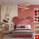 Teddy Ear-Silhouette Velvet Bed – Round Panel Headboard