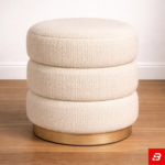 Three-Tiered Round Off-White Bouclé Ottoman Stool with Gold Base