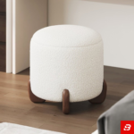 Nordic Round Off-White Bouclé Vanity Stool with Walnut Corner Legs