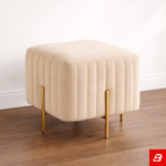 Fluted Cream Velvet Square Ottoman with Gold Metal Legs