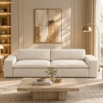 Lysandra Minimalist Block-Arm Champagne Linen Sofa