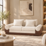 Kanso Bolster-Arm Bouclé Sofa with Solid Walnut Plinth Base