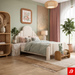 Stepped Crown Upholstered Kids Bed – Padded Column Guardrails