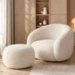 Orion Sculptural Curved Bouclé Swivel Armchair and Matching Ottoman Set