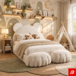 Teddy Bear Silhouette Upholstered Kids Bed – Sculpted Paws Footboard - Image 2