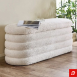 Stacked-Channel Oval Off-White Bouclé Storage Bench