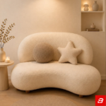 Curved Bean-Shaped Off-White Bouclé Loveseat Sofa