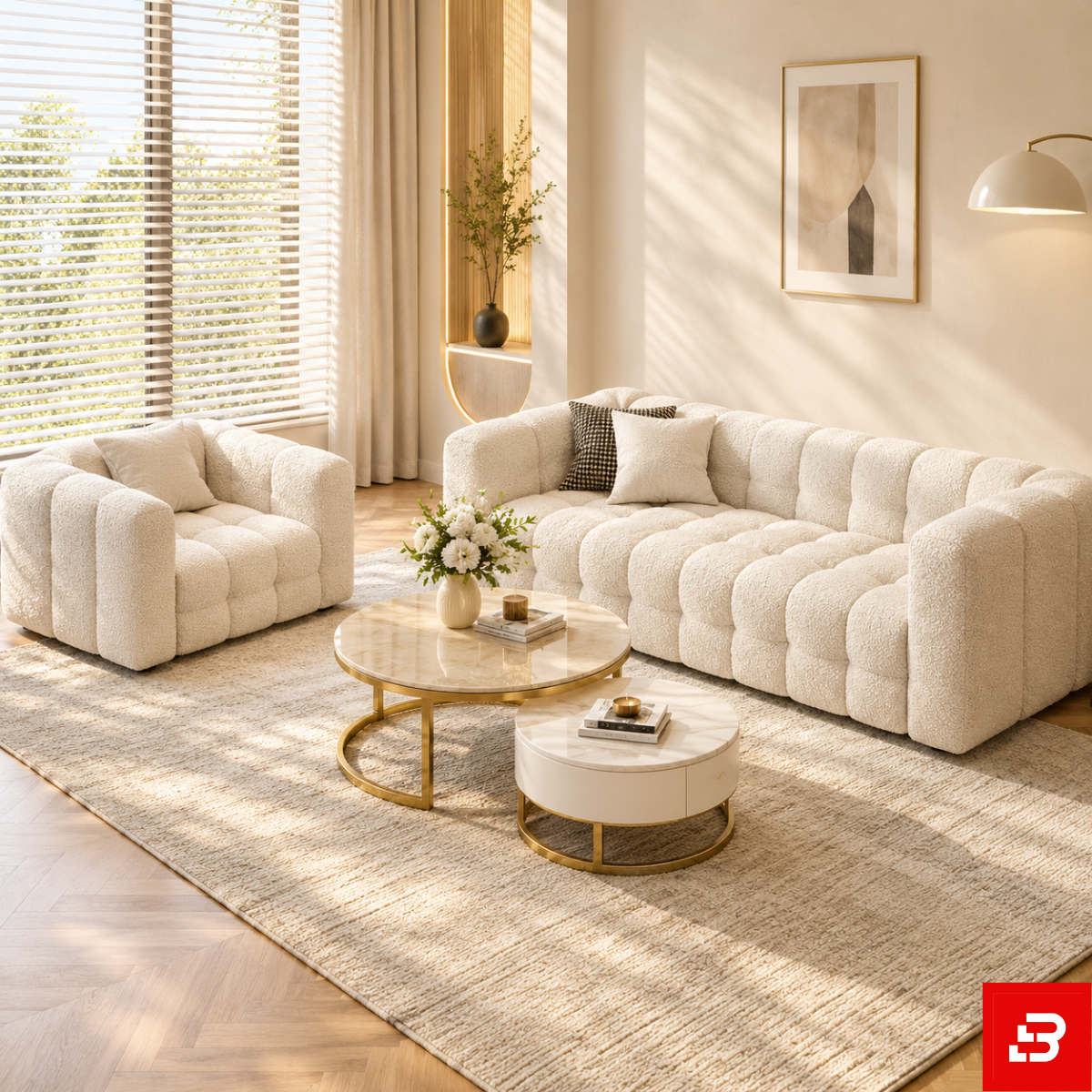Untitled design (19) Bahoo Luxury Modular Armchair Upholstered | Off White Bouclé Accent Lounge Chair | 1-4 Seater Sofas - Image 1