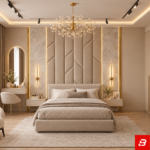 Geometric Asymmetric Wall-Panel Upholstered Luxury Bed
