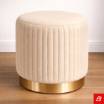 Vertical Channel-Tufted Cream Velvet Ottoman Stool with Gold Base