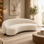 Solene Arc Curved Ivory Bouclé Sofa with Exposed Wood Trim