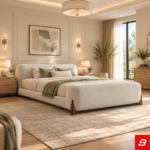 Valen Cream Curved Upholstered Platform Bed with Walnut Wooden Accent Legs