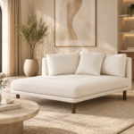Astra Minimalist Ivory Fabric Chaise Lounge Daybed with Dark Wood Legs