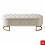 Oval Button-Tufted Cream Upholstered Storage Bench with Gold Metal Base