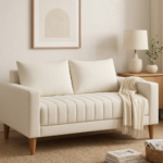 Koa Vertical Channel-Tufted 2-Seater Fabric Loveseat with Tapered Oak Legs