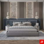 Zenith Extended Multi-Panel Slate Blue & Light Grey Upholstered Platform Bed