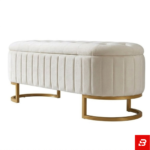 Oval Button-Tufted Cream Upholstered Storage Bench with Gold Metal Base - Image 3