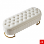 Oval Button-Tufted Cream Upholstered Storage Bench with Gold Metal Base - Image 4